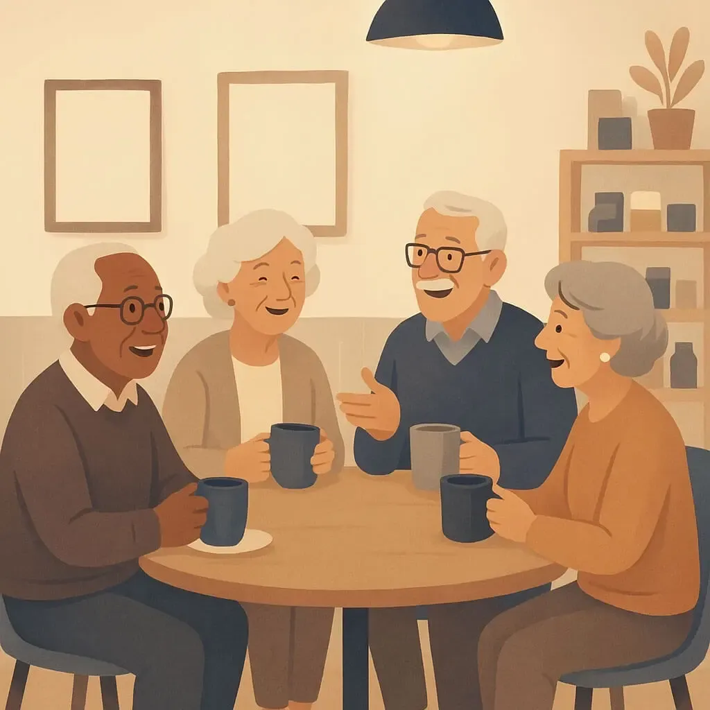 Seniors having a conversation over coffee.